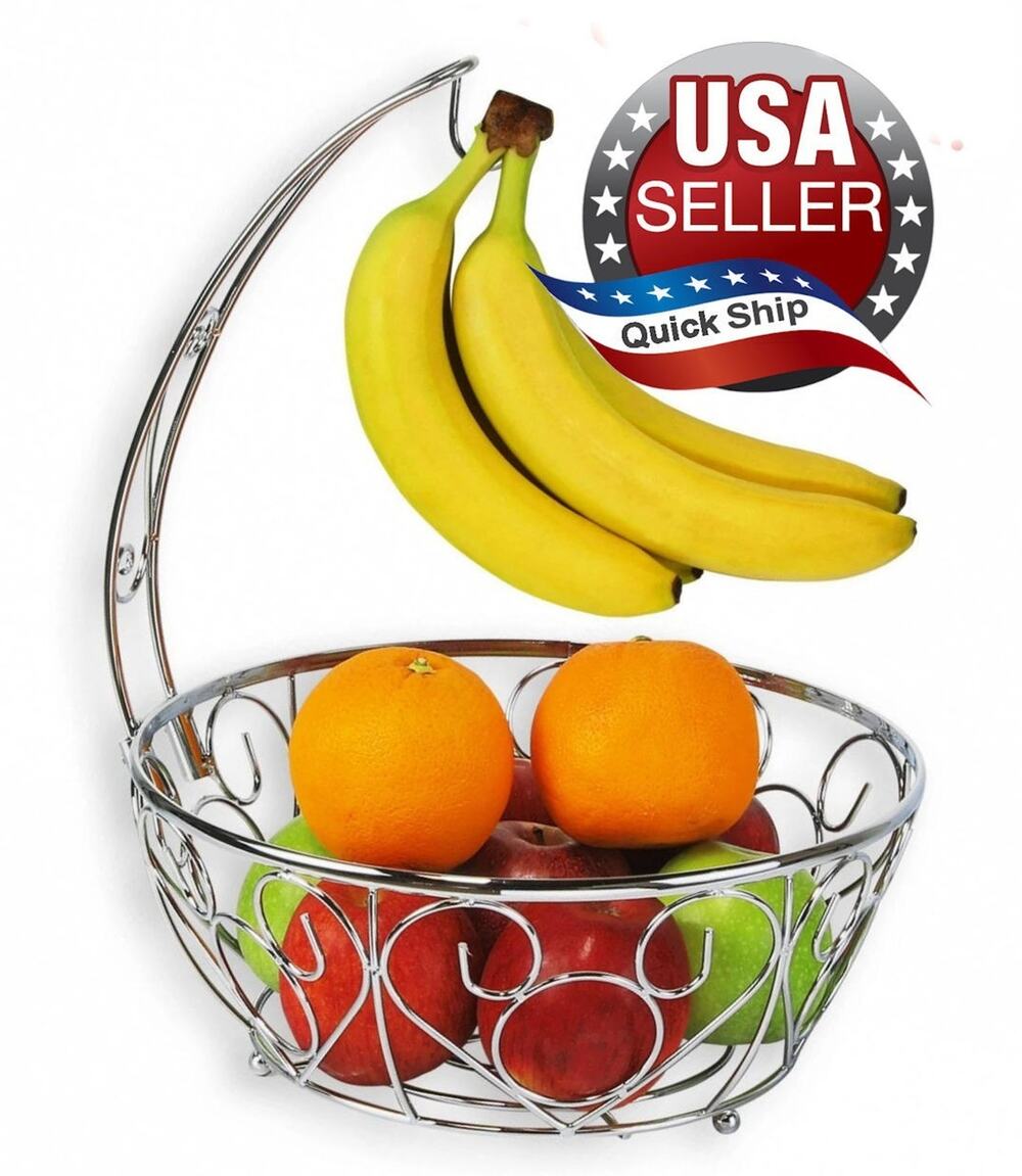 Premium Heavy-Duty Metal Fruit Bowl Basket with Banana Hanger • Chrome Finish